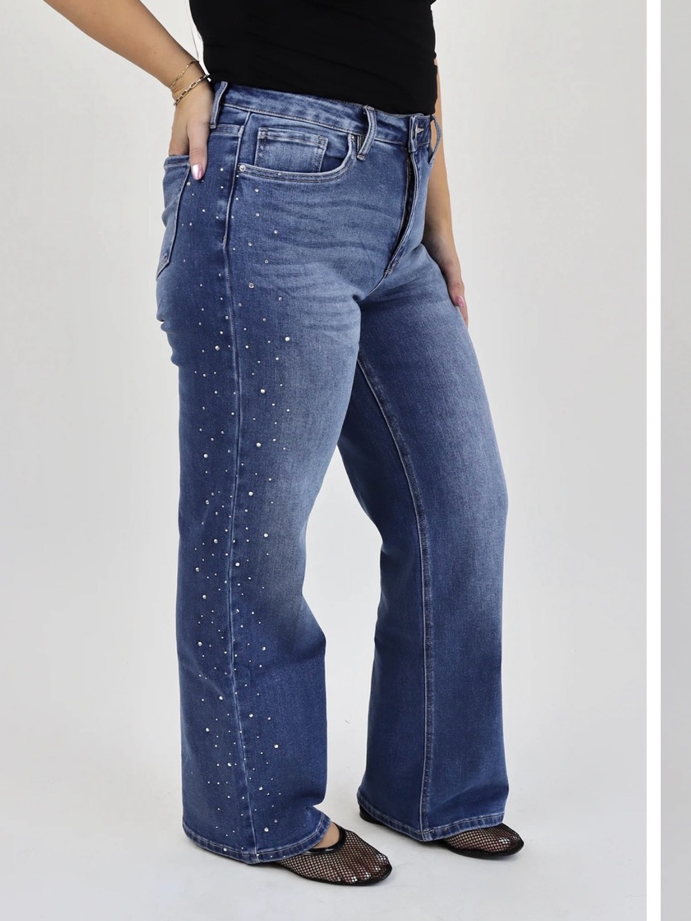 Tummy Control RFM Women's Blue Wide-Leg Jeans with Side Crystal Detail